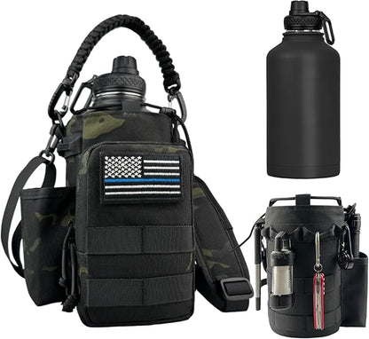 Half Gallon Water Bottle Insulated with Sleeve-64 oz Stainless Steel Water Jug with MOLLE Pouch for Gym Workout Hiking Black Camo