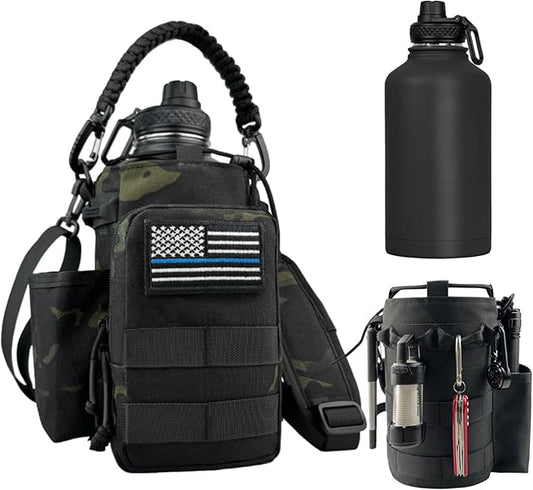 Half Gallon Water Bottle Insulated with Sleeve-64 oz Stainless Steel Water Jug with MOLLE Pouch for Gym Workout Hiking Black Camo
