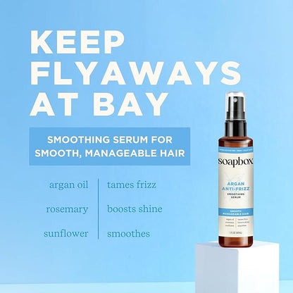 Soapbox Argan Oil Smoothing Serum, Anti-Frizz Serum For All Hair Types with Shea Butter & Vitamin E Repairs Damage & Controls Flyaways - Vegan, Cruelty and Gluten Free (5 Fl oz)
