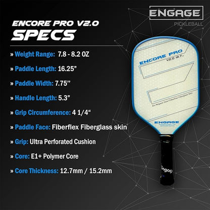 Engage Encore Pro V2.0 Pickleball Paddle – FiberFlex Fiberglass Face for Power & Spin, Available in Two Core Options (12.7mm for Power, 15.2mm for Control), Versatile Hybrid Shape