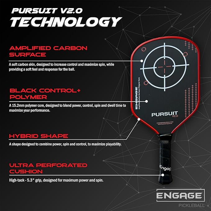 Engage Pursuit V2.0 Pickleball Paddle - Amplified Carbon Surface for Superior Control & Spin with Response+ Polymer Core, USAPA Approved - Designed for Players of Any Skill Level
