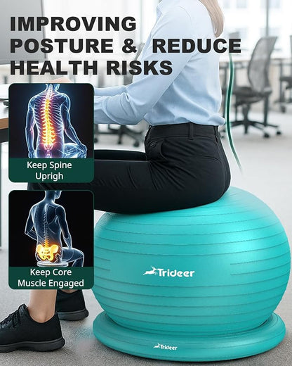 Trideer Exercise Yoga Ball Chair with Base for Home Office Desk, Stability & Fitness Ball Seat to Relieve Back Pain, Home Gym Workout for Abs, Pregnancy Ball with Pump