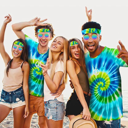 Hippie Costume for Men Women 4PCS Mens 60s 70s Outfit Set Colorful Hippie Shirt Sunglasses Headband Peace Necklace