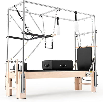 Pilates Reformer with Half Trapeze – Maple Wood Frame, Adjustable Resistance & Half Trapeze for Home Gym, Core Strength, Flexibility & Full-Body Workouts, Mocha