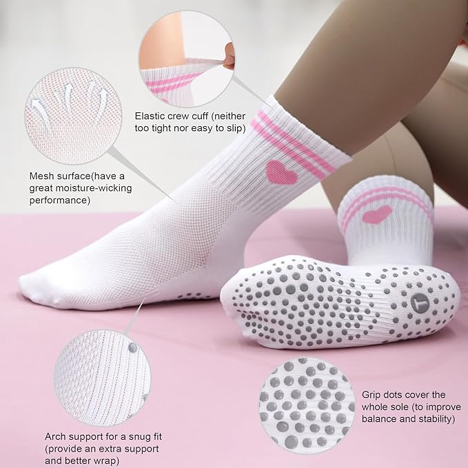 Toes Home Pilates Socks for Women with Non Slip Grippers, Yoga Crew Socks for Barre Hospital Sticky Slipper Socks 4 Pairs
