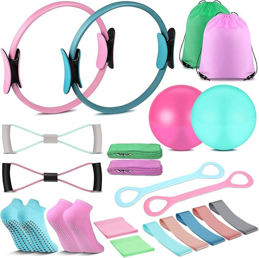 21 Pcs Pilates Ring Circle Set Home Pilates Equipment Kit for Women Pilates Equipment Home Workout Equipment Set Includes 9.8 In Ball Yoga Ring Stretching Strap 8 Resistance Bands Non Slip Socks, Pink