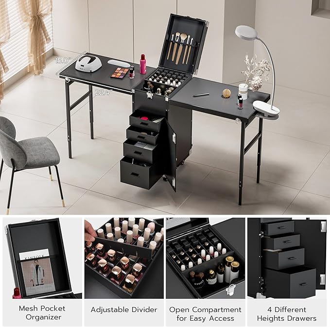 Icoget Portable Nail Table Desk, Foldable Rolling Manicure Table with Wheel, Makeup Train Case for Nail Teach, 2 Desktop Cosmetic Trolley Case, Black