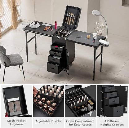 Icoget Portable Nail Table Desk, Foldable Rolling Manicure Table with Wheel, Makeup Train Case for Nail Teach, 2 Desktop Cosmetic Trolley Case, Black