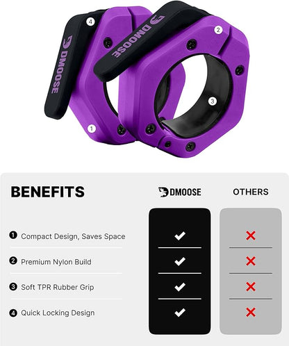 DMoose Fitness Barbell Clips 2 Inch (Pair) - Quick Release Olympic Barbell Clamps & Collars with Anti Slip TRP Grip for Secure Weightlifting and Powerlifting - Weight Clips for Bars at Home or Gym