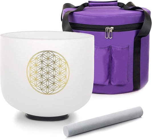 8" C Note 432HZ Flower of Life Crystal Singing Bowl Frosted Quartz Root Base Chakra Meditation Sound Healing with Durable Carrying Case Suede Striker O-ring