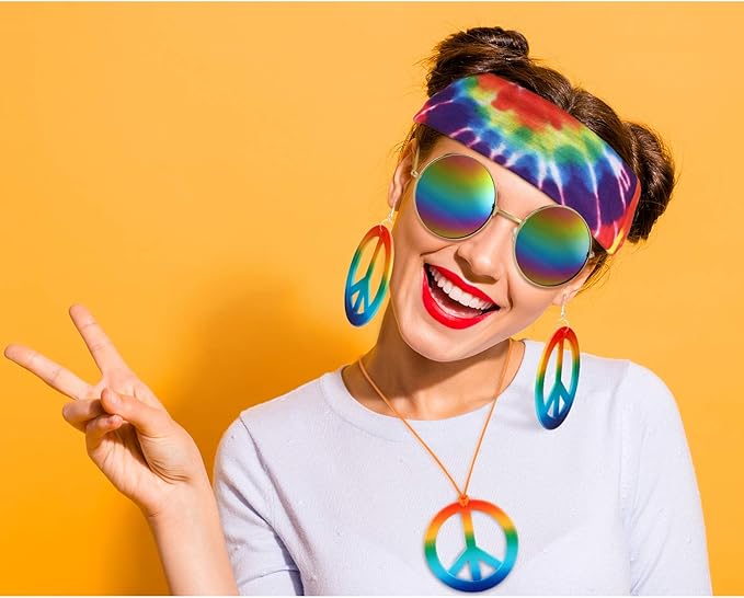 Hicarer Hippie Costume Accessories Include Sunglasses, Peace Sign Necklace, Boho Headband and Earring for 60s 70s Party