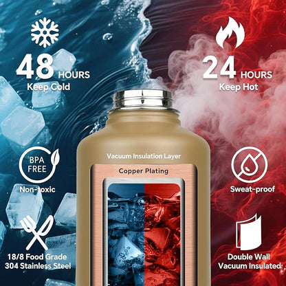 64 oz Insulated Water Bottle with Molle Sleeve-Tactical Half Gallon Stainless Steel Water Bottle with Strap&Paracord Handle for Gym Workout Hiking Hunting CP Camo