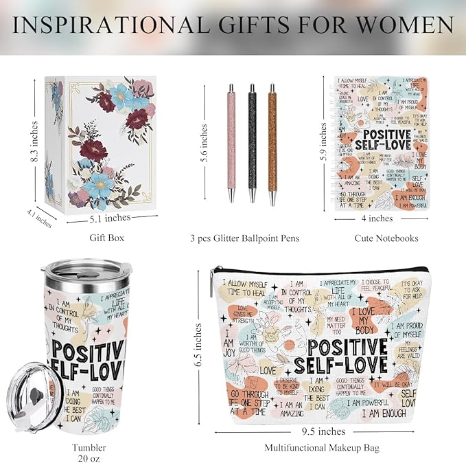 Positive Affirmations Self Love Mental Health Gifts Inspirational Gifts for Women Mom Bestie Coworker Birthday Friendship Appreciation Christmas , 6PCS 20oz Tumbler Makeup Bag Ballpoint Pen Notebook
