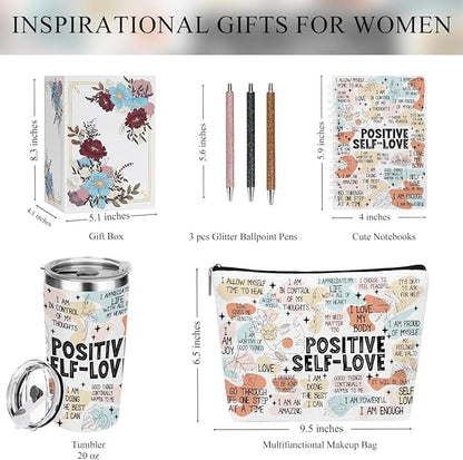 Positive Affirmations Self Love Mental Health Gifts Inspirational Gifts for Women Mom Bestie Coworker Birthday Friendship Appreciation Christmas , 6PCS 20oz Tumbler Makeup Bag Ballpoint Pen Notebook