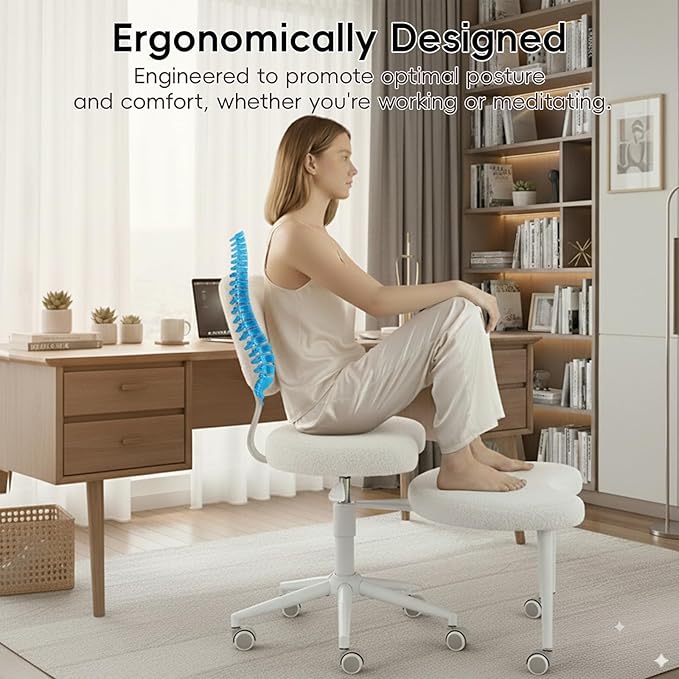 Meditation Chair with Wheels, Ergonomic Criss Cross Chair, Adjustable ADHD Floor Sitting Chair, Swivel Cross Legged Office Chair with High Back, Kneeling Posture Chair, Teddy Fabric,Ivory
