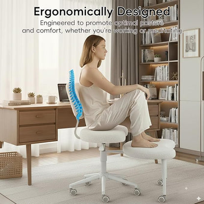 Meditation Chair with Wheels, Ergonomic Criss Cross Chair, Adjustable ADHD Floor Sitting Chair, Swivel Cross Legged Office Chair with High Back, Kneeling Posture Chair, Teddy Fabric,Ivory