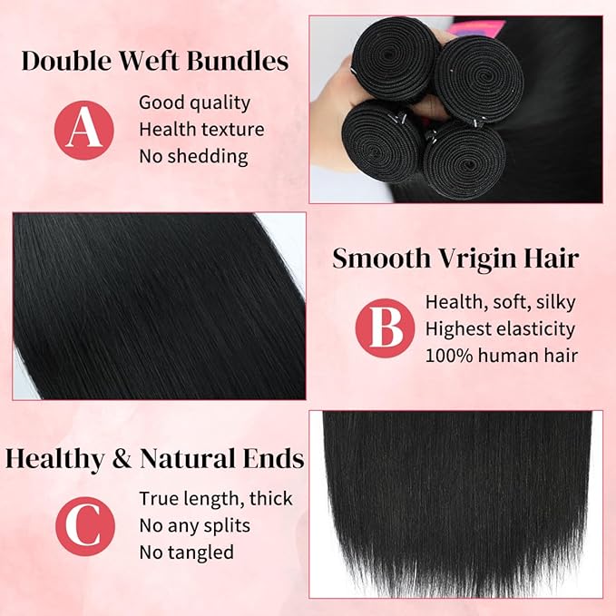 24 26 28 30 Inch Bundles Human Hair 12A Straight Human Hair Bundles 100% Unprocessed Brazilian Virgin Human Hair Extensions Natural Black