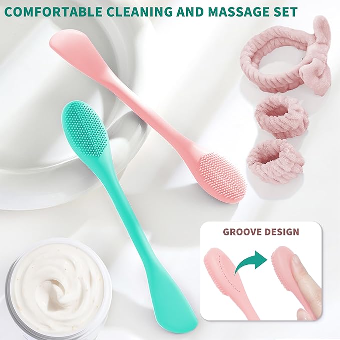 Facial Cleansing Brush, 2 in 1 Silicone Face Mask Brush & Face Scrubber, Face Wash Headband and Wristband Set，5 Pieces (Green&Pink+Pink)