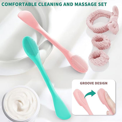 Facial Cleansing Brush, 2 in 1 Silicone Face Mask Brush & Face Scrubber, Face Wash Headband and Wristband Set，5 Pieces (Green&Pink+Pink)