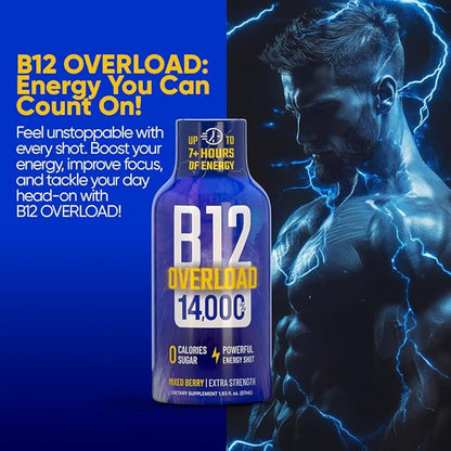 B12 Overload Extra Strength Energy Shot – Mixed Berry – 260mg Caffeine, 14000% B12, Electrolytes – Energy & Vitality Support – Zero Sugar No Calories – Vegan, Kosher, Gluten-Free – 1.93 fl oz, 48-Pack