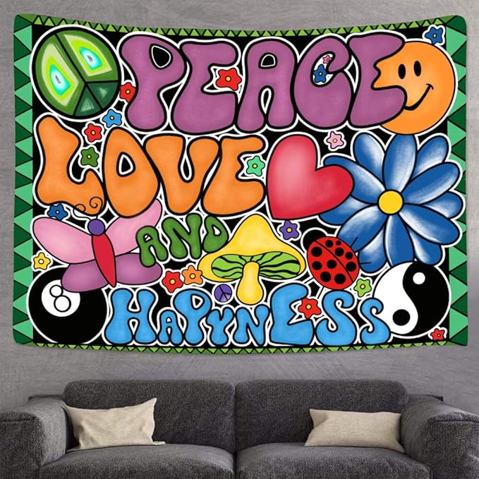 F-FUN SOUL Peace Love and Happiness Tapestry, 90x84inches, Mushroom Psychedelic Tapestries 70s Theme Tapestry Wall Hanging for Bedroom Living Room Decor GTZYFS957
