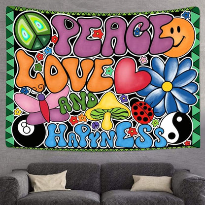 F-FUN SOUL Peace Love and Happiness Tapestry, 93x71inches, Mushroom Psychedelic Tapestries 70s Theme Tapestry Wall Hanging for Bedroom Living Room Decor GTZYFS956