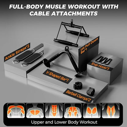 Mikolo Cable Attachments for Gym, Heavy-Duty Cable Machine Attachment Set with LAT Pulldown, V Bar, Double D Handle, Ankle Straps, and Barbell Clamps for Home Gym