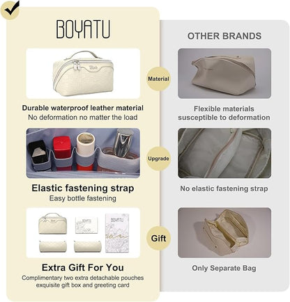 BOYATU Travel Makeup Bag Organizer Cosmetic Bag: 3 Pcs Set Make up Bags for Women with Handle - Waterproof Vegan Leather Toiletry Bags Travel Essentials Pouch with Compartments (C-04-Beige)