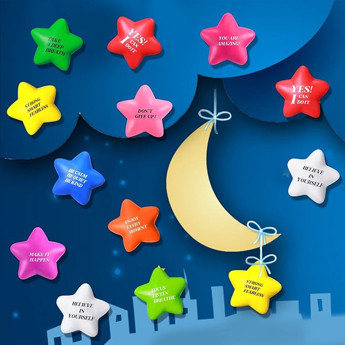 Sotiff 100 Pack Star Stress Balls Bulk Stress Relief Balls with Motivational Quotes Mini Inspirational Foam Party Favors Gifts for Kids Adults Anger Fidget Relief Exercise(Bright Colors)