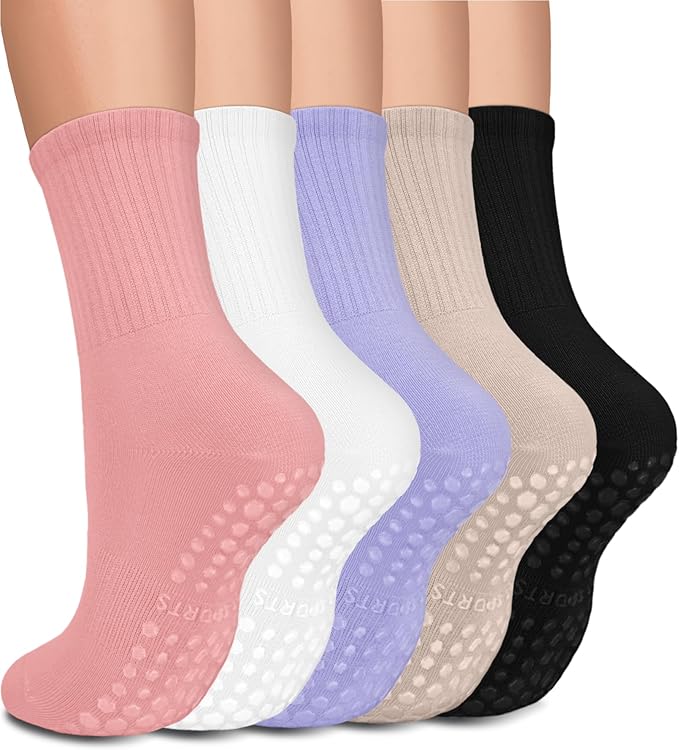 5 Pairs Pilates Grip Socks Yoga Socks with Grips for Women, Non-Slip Athletic Socks for Ballet, Dance, Workout, Hospital
