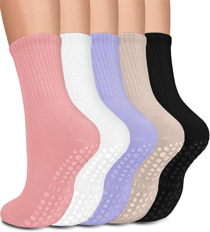 5 Pairs Pilates Grip Socks Yoga Socks with Grips for Women, Non-Slip Athletic Socks for Ballet, Dance, Workout, Hospital