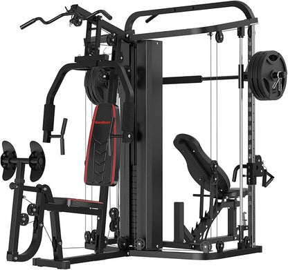 SunHome Multifunction Home Gym System Workout Station,Smith Machine with 138LB Weight Stack, Leg Press, LAT Station for Full Body Training
