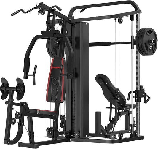 SunHome Multifunction Home Gym System Workout Station,Smith Machine with 138LB Weight Stack, Leg Press, LAT Station for Full Body Training