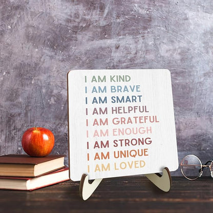 Decorative Desk Decor Motivational I Am Kind Affirmations Positive Plaque with Wooden Stand Inspirational Wood Sign for Nursery Playroom Homeschool Classroom Reading Corner Table Shelf