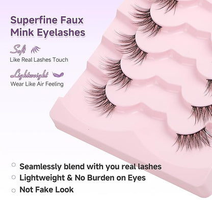 Half Lashes Cat Eyelashes 14mm False Eyelashes Natural Cat Eye Lashes Wispy Eyelashes with Thin Band 3D Volume False Lashes C Curl Soft Strip Lashes Pack 7 Pair EVENTILL