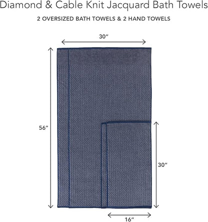 Texere 100% Organic Cotton Jacquard 650 GSM Premium Bath Towel Sets - Extra Absorbent Quick Dry and Plush (Cable, Estate Blue, 2 Bath & 2 Hand Towels)