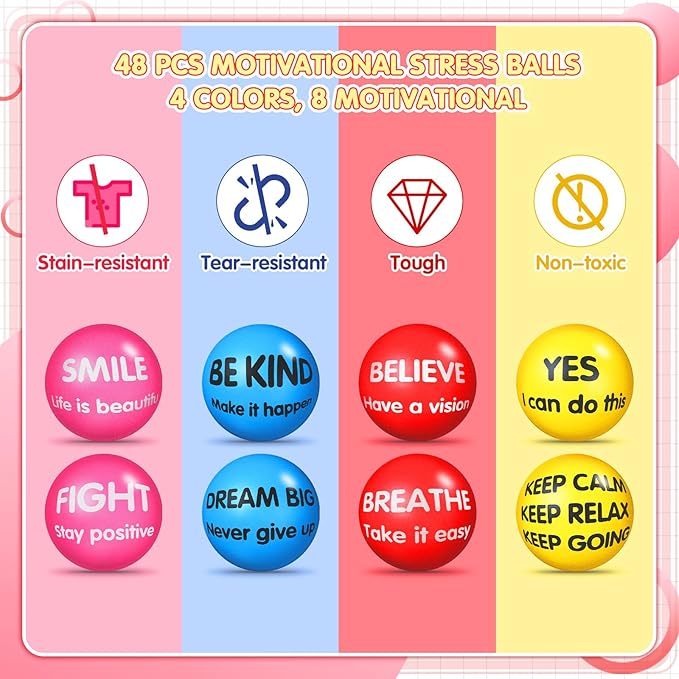 Liliful 48 Pieces Motivational Stress Balls Bulk for Adults Fidget Toys End of The Year Gifts Inspirational Squeeze Balls Employee Appreciation Gift Adult Goodie Bag 2. 2 Inch(Bright Colors)