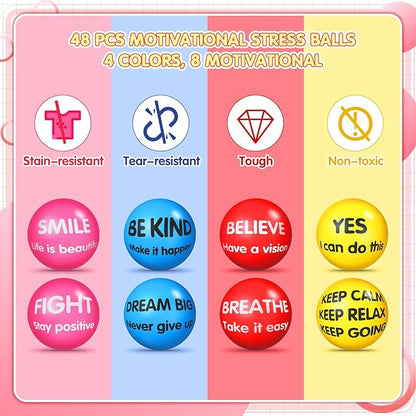 Liliful 48 Pieces Motivational Stress Balls Bulk for Adults Fidget Toys End of The Year Gifts Inspirational Squeeze Balls Employee Appreciation Gift Adult Goodie Bag 2. 2 Inch(Bright Colors)