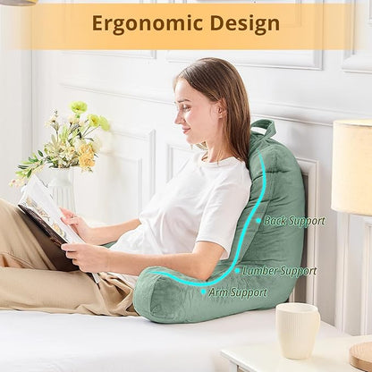 Sasttie Reading Pillow, Velvet Back Pillow for Bed Sitting Up, Adult Back-Rest Support Cushion with Arms for Sit Up on Couch, Sofa, and Floor, Dorm Essentials, Reading Accessories, Sage