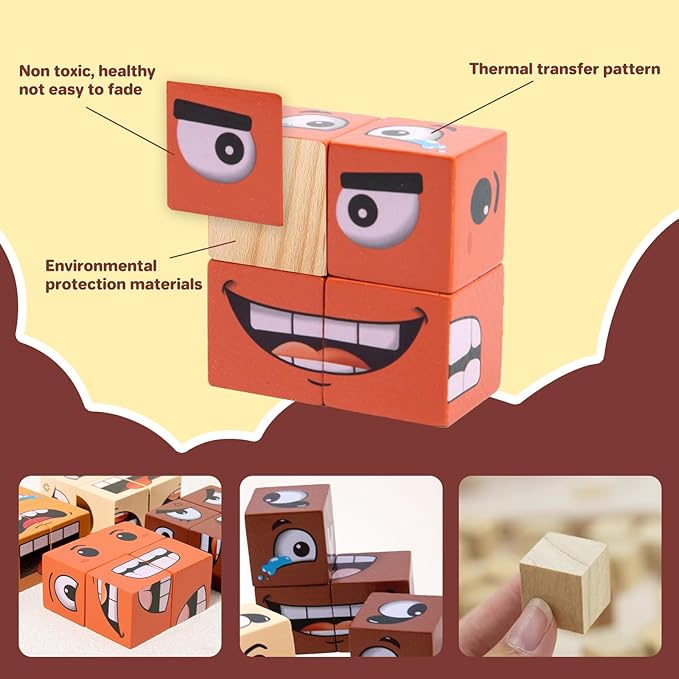 Face Change Cube Game - Face Blocks Race Wooden Face Changing Magic Cube Game Expression Puzzle Building Pattern Board Games Activity Assembly Brain Teaser Stress Relief Fidget Toys