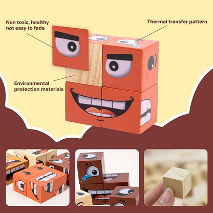 Face Change Cube Game - Face Blocks Race Wooden Face Changing Magic Cube Game Expression Puzzle Building Pattern Board Games Activity Assembly Brain Teaser Stress Relief Fidget Toys
