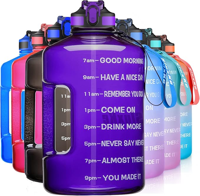 1 Gallon Motivational Sports Water Bottle with Time Marker, BPA Free 128oz Leak Proof Jug, Black, Plastic, 128 ounces, Fitness, Sports, Outdoor Activities