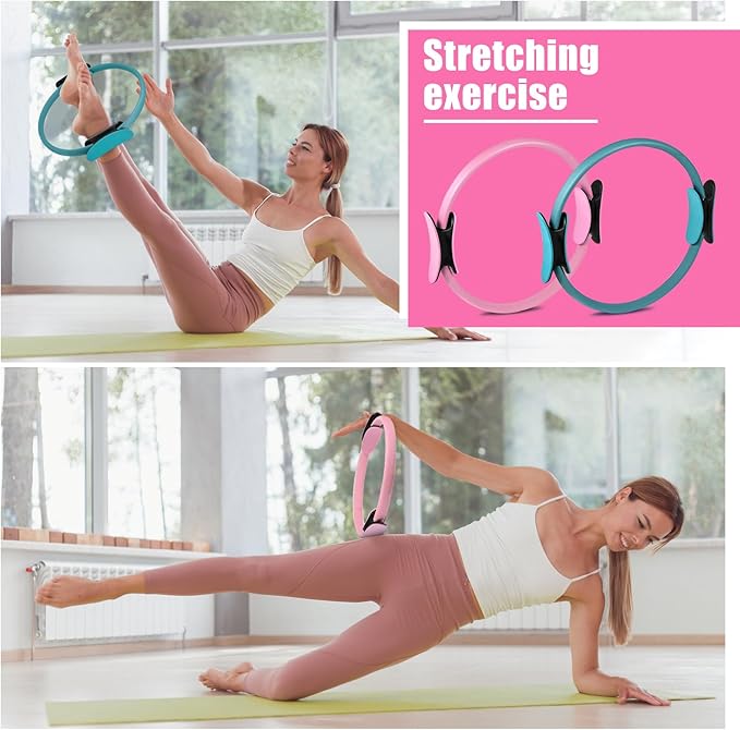 21 Pcs Pilates Ring Circle Set Home Pilates Equipment Kit for Women Pilates Equipment Home Workout Equipment Set Includes 9.8 In Ball Yoga Ring Stretching Strap 8 Resistance Bands Non Slip Socks, Pink