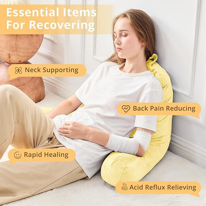 Sasttie Reading Pillow, Velvet Back Pillow for Bed Sitting Up, Adult Back-Rest Support Cushion with Arms for Sit Up on Couch, Sofa, and Floor, Dorm Essentials, Reading Accessories, Light Yellow