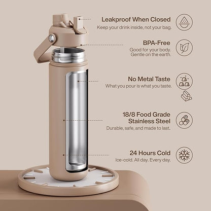 Insulated Water Bottle with Straw - Encool Stainless Steel Water Bottle, Leak-Proof, BPA-Free, Double Wall Vacuum Keeps Cold for 24 Hours for Sports, Travel, School (26 oz, Raw Umber)
