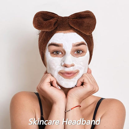 VELSCRUN Spa Headbands for Wash Face, Makeup Headband, Facial Skincare Headbands, 5 Pcs Dark Brown Puffy Sponge Spa Headband Bow Tie Hair Band Hair Clips Wristband Set Women Girls Accessories