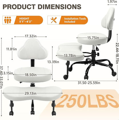 Cross Legged Office Chair, Criss Cross Desk Chair ADHD Meditation Kneeling Yoga Seat with Adjustable Height, Lumbar Support, Wider Footrest and Wheels (White)