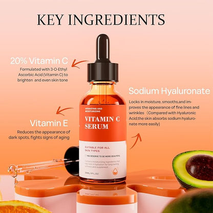 Vitamin C Serum For Face-Anti Aging & Wrinkle Facial Serum With Vitamin C,Sodium Hyaluronate,Vitamin E And More,Skin Brightening Serum For Dark Spots,Fine Lines & Dull Skin,1 Fl Oz