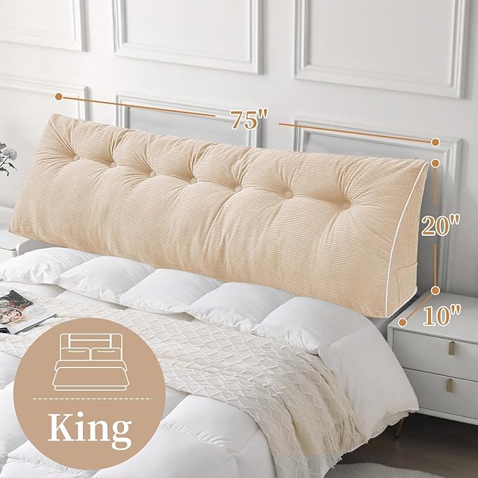 Sasttie Headboard Pillow King, Wedge Pillow Headboard for Sitting Up in Bed, Back-Rest Support Triangular Cushion for Reading - Features Removable Washable Cover, Beige