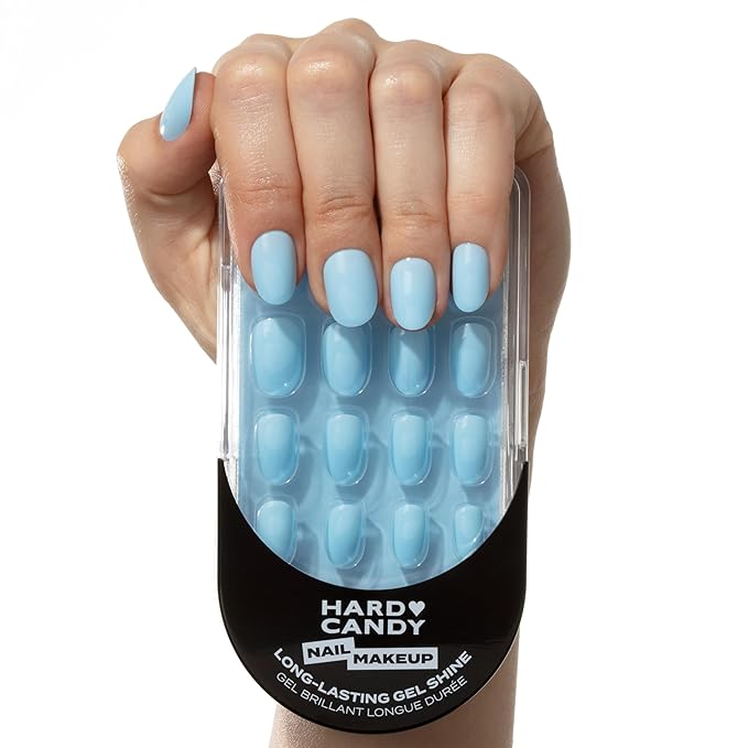 Short Baby Blue Press On Nails - Hard Candy Glue On Nails | Short Round False Nails with Real Light Blue Polish | 24 Nail Kit in 12 Sizes, Strong Glue & Reusable Travel Case Included.